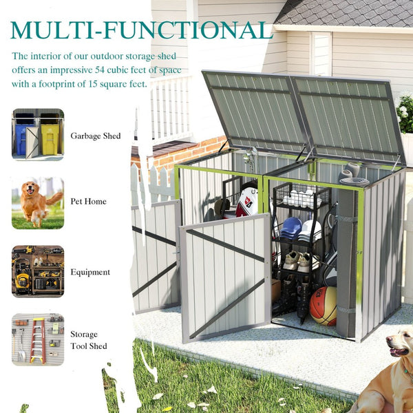 English Elm Garbage Bin Shed Galvanized Steel Enclosure for Two Cans Outdoor Weather Resistant Light Gray W1598P357715
