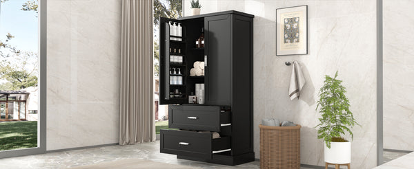 English Elm Tall Bathroom Storage Cabinet with Adjustable Shelves, Two Doors & Drawers, Space-Saving 66" Tall Black N725P178675B
