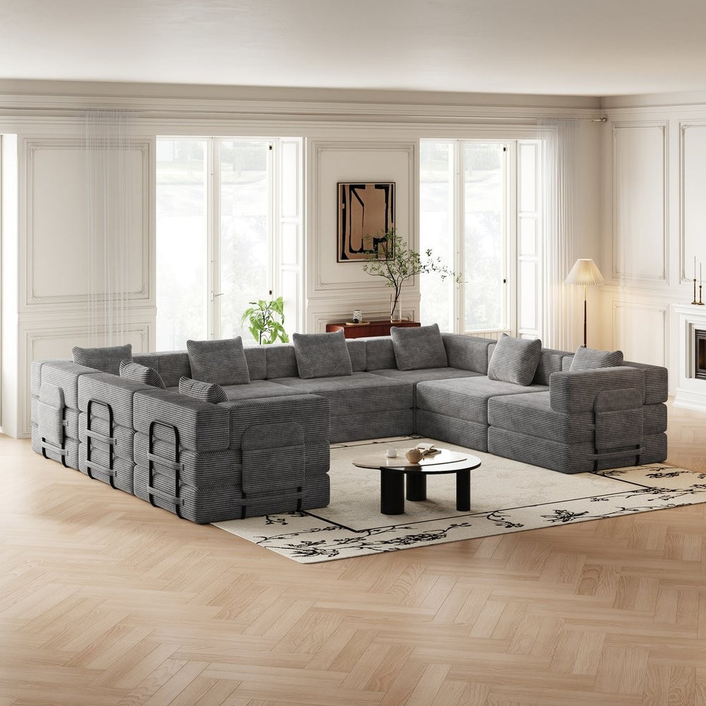 English Elm 8 Seater Corduroy Floor Sofa Bed with Storage Pockets and Modular Cushion Design W3505S00024