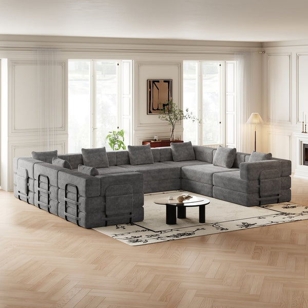 English Elm 8 Seater Corduroy Floor Sofa Bed with Storage Pockets and Modular Cushion Design W3505S00024