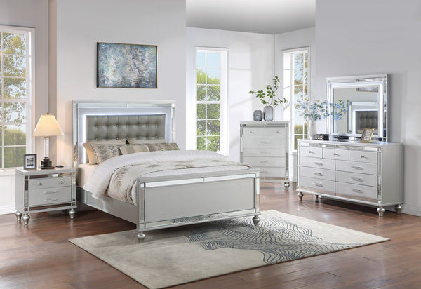 English Elm Beautiful Tufted Faux Leather Queen Bed with LED Lighting, Mirror Panels, Gourd Legs, Glamorous Design Silver 84 L x 47 W x 6 H B011S01406