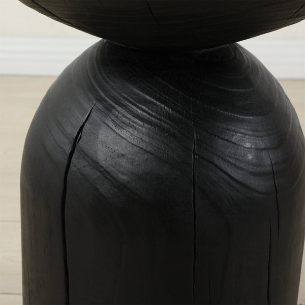 English Elm Solid Mango Wood Round Accent Table Hand Burned Finish Sculptural Plant Stand Nightstand W347P430101
