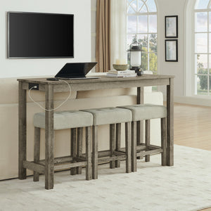 English Elm 59 Inch Bar Table with Built-In Power Outlet and 3 Upholstered Stools, Sturdy MDF & Solid Wood Design for Kitchen Dining Living Room Brown W2972P277854