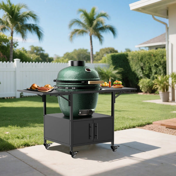 English Elm Outdoor Metal Kamado Grill Cart with Folding Prep Panels and Bottom Storage Compartment W3190P305785