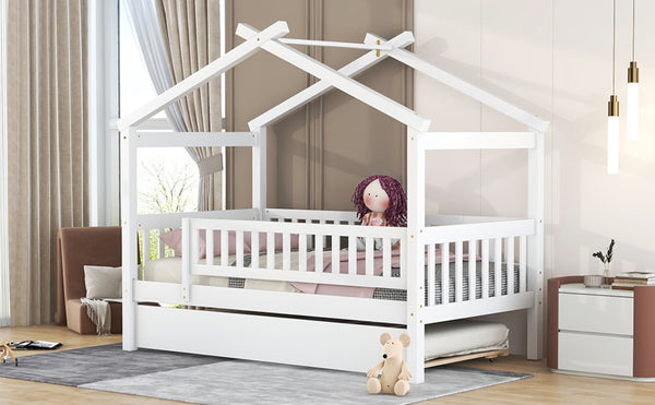 English Elm Twin House Bed with Trundle Solid Pine Frame Walnut Kids Bedroom Sleepover N708P357115K