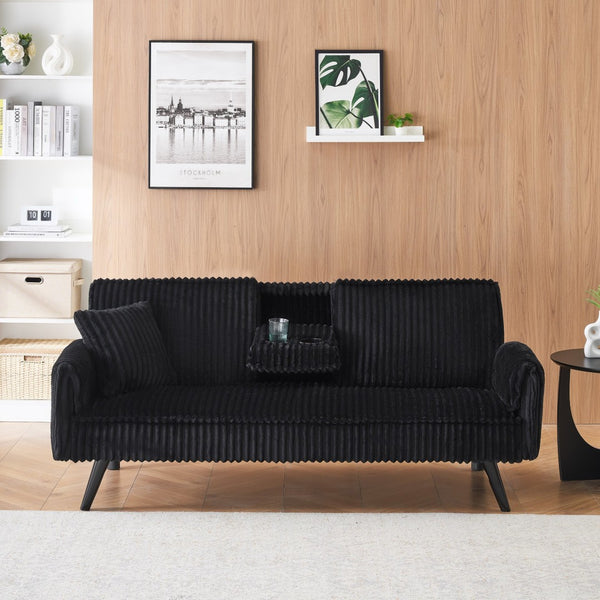 English Elm Minimalist Corduroy Reclining Sofa with Convertible Flat Sleeper and Cup Holder Black W3356P421777