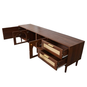 English Elm 70 Inch Rattan Media Console with Led Lighting Two Drawers Glass Storage Modern Living Room N710P396852P