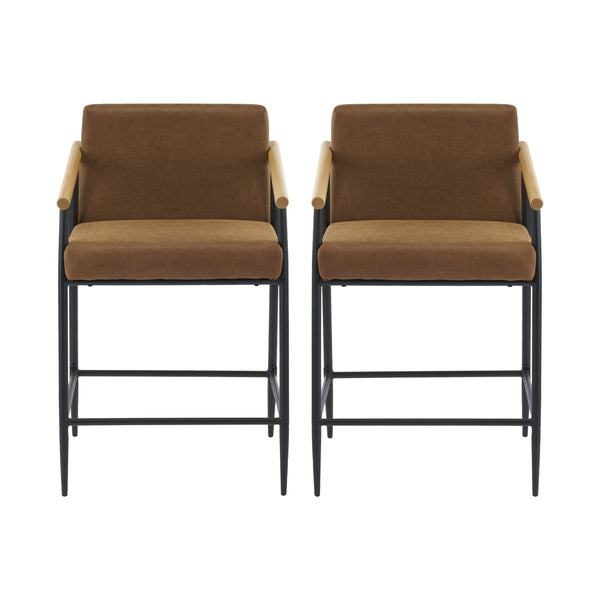 English Elm Christopher Knight Home® - Counter Stool Mid-Century Modern Set of 2 with Metal Frame, Soft Cushions & Solid Wood Armrests Black+Brown N771P247153W