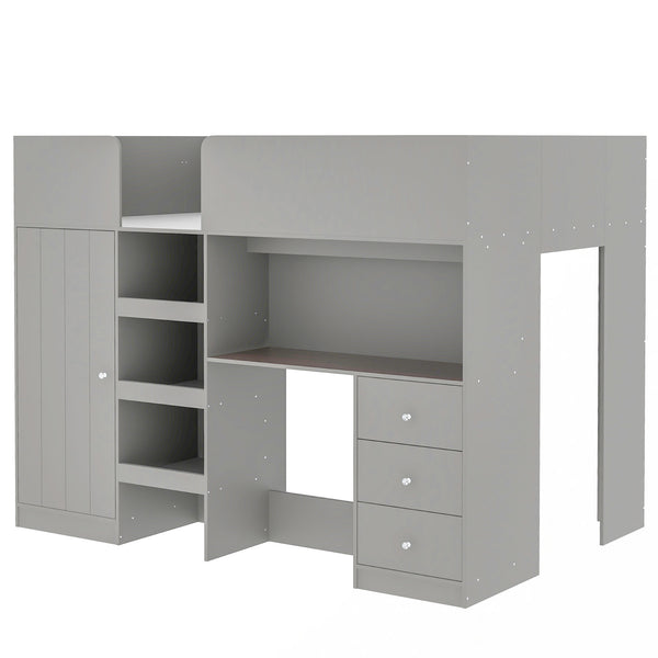 English Elm Wood Full Size Loft Bed with Built-In Wardrobe, Spacious Desk, Shelves and 3 Drawers for Storage Grey GX001819AAE