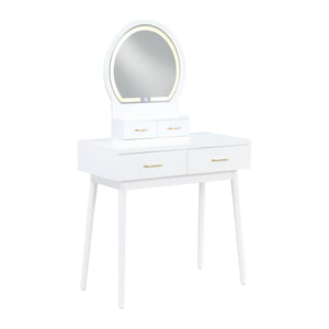 English Elm Beautiful LED Vanity Dresser with Touch Mirror and Padded Stool, Luxe Wood Finish, Brass Pulls, Storage White 33.75 L x 21.75 W x 13.25 H B011P347851