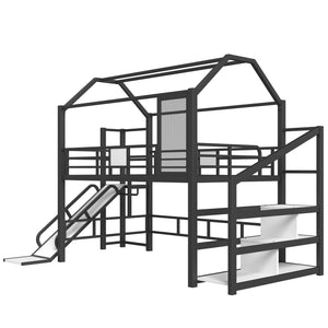 English Elm Full Full House Loft bed with Slide and Stairs, Metal House Play Loft with Storage Shelves and Quiet Design Black W1580S00350