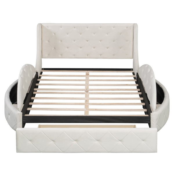 English Elm Upholstered Queen Platform Bed Velvet Wingback Storage Drawer with Side Stools LP100815AAA