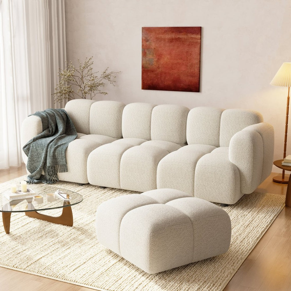 English Elm Beige Boucle L-shaped Sectional with Sculptural Cushion Blocks and Movable Ottoman Beige N758T404142A