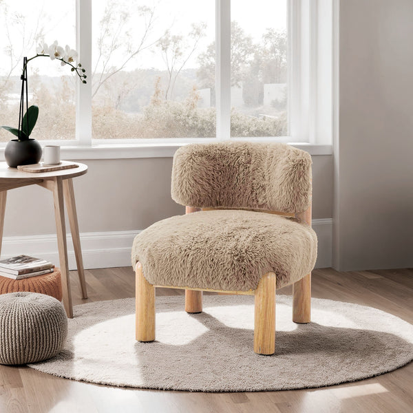 English Elm Mushroom Alcoba Accent Chair Plush Fur Upholstery Curved Back Wooden Legs Cozy Modern Living Room B2741P391228