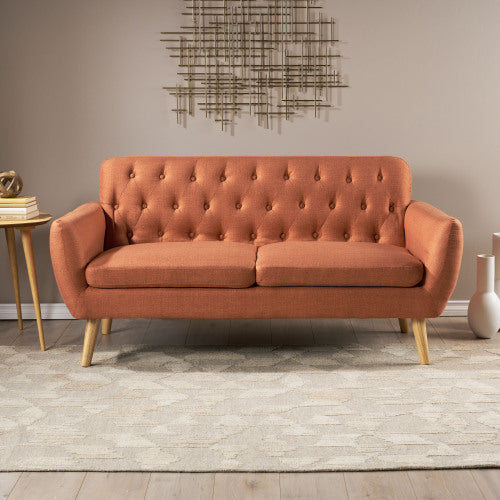 English Elm Christopher Knight Home® - Love mid-century two-seater loveseat with button-tufting, rolled arms, plush fabric and tapered legs Burnt Orange N771P202668C