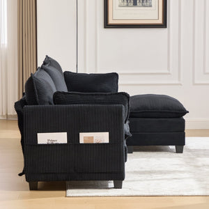 English Elm United We Win Modular Corduroy Sectional with Ottoman Low Profile Living Room Couch Black W1568S00260