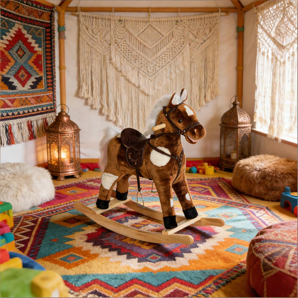English Elm Rocking Horse Plush Ride on Toy with Music Soft Padded Body for Kids Playroom Fun T3971P442096