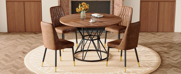English Elm Table and Chair Set Walnut Round Dining for Four with Sculptural Metal Base W1151S04845