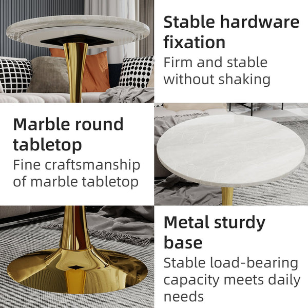 English Elm Marble-Top Round Side Table With Gold Pedestal Base - Modern Glam Design For Living Spaces & Entryways W1935P353524