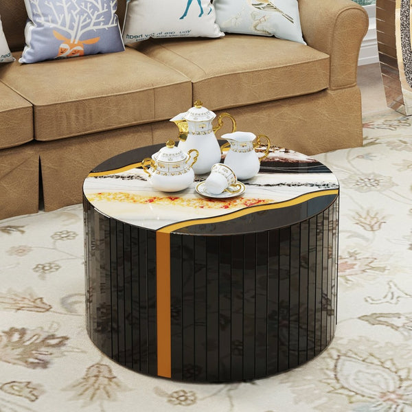 English Elm Black Round Mirrored Glass Coffee Table Gold Sunburst Glam Accent for Living Room Black W3836P382373