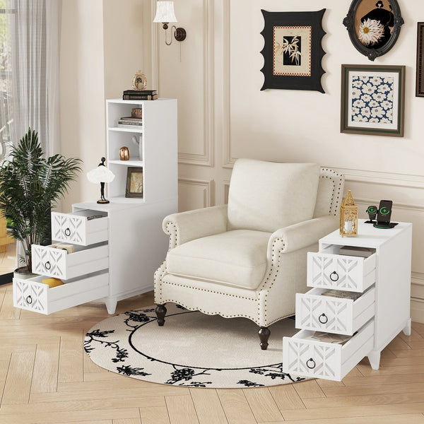 English Elm End Table With 3 Drawers And 2 Open Shelves - Stylish Corner Side Table With Charging Ports In White W2593P289147