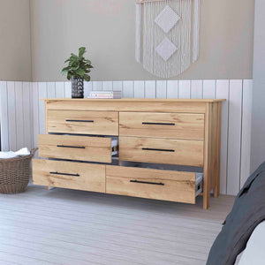 English Elm Luxor Six Drawer Double Dresser – Multicolor Particle Board, Modern Minimalist Design, Sturdy Elevated Base B128S00100