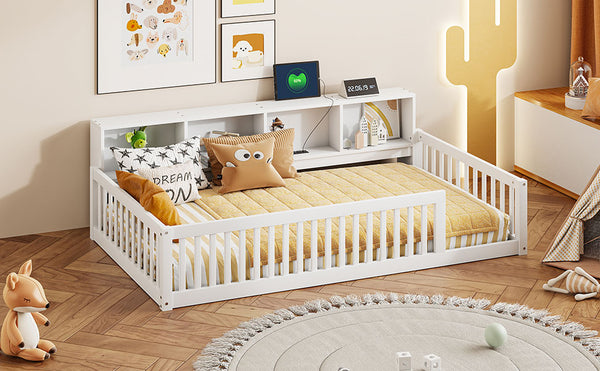 English Elm Wood Twin XL Floor Bed with Built-In Storage Cabinets, USB Charging Ports, Space-Saving Design White N709P205811K