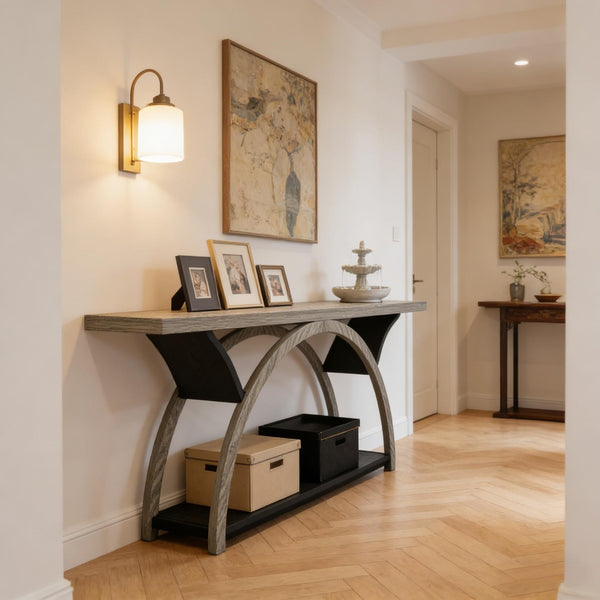 English Elm Hall Console Table Industrial Rustic Two Tier Wood Tone Metal Frame Entryway Sofa T3971P453670
