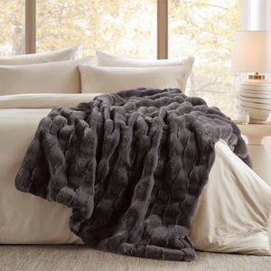 JLA Home Madison Park - Faux Plush Faux Fur Throw with Basket-Weave Texture, Machine-Washable, Oeko‑Tex Certified Comfort and Style Grey MP50-8256
