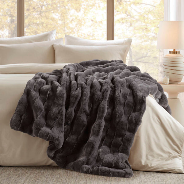JLA Home Madison Park - Faux Plush Faux Fur Throw with Basket-Weave Texture, Machine-Washable, Oeko‑Tex Certified Comfort and Style Grey MP50-8256