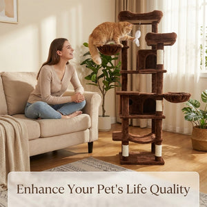 English Elm 68in Plush Brown Six Level Cat Tower with Sisal Posts Cave Hammock Indoor W243P450856
