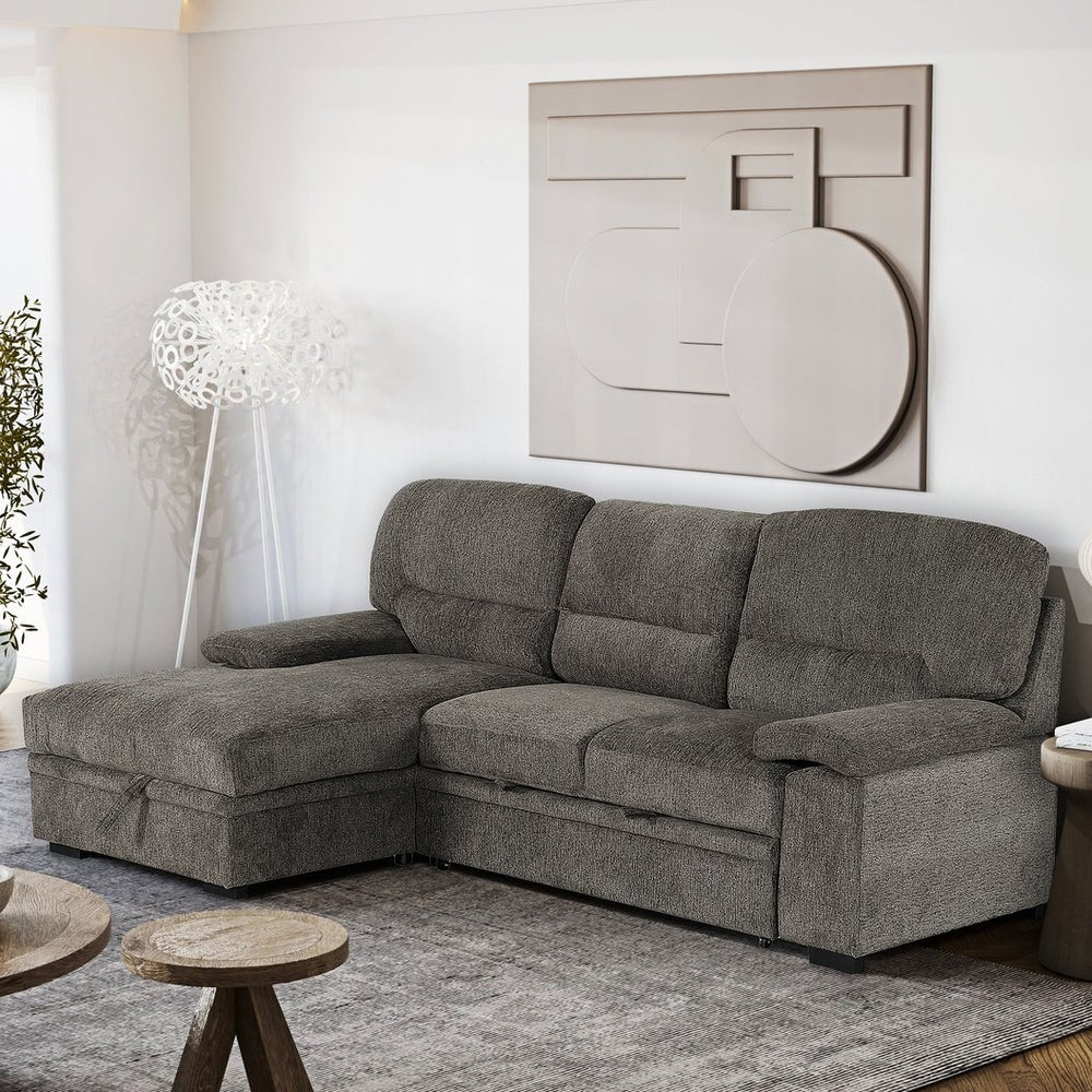 English Elm Convertible Sleeper Sectional Sofa with Pull-Out Bed and Storage Chaise, Grey L-Shape, Durable Frame B2741S00009