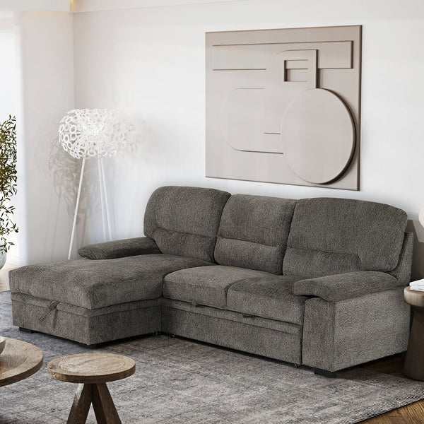 English Elm Convertible Sleeper Sectional Sofa with Pull-Out Bed and Storage Chaise, Grey L-Shape, Durable Frame B2741S00009