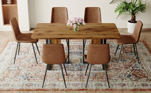 English Elm Table and Chair Set Wood Grain Mdf Top Six Seat Dining with Brown Suede Upholstered Chairs W1151S01954
