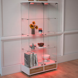 English Elm Modern Glass Display Cabinet With Led Lighting, Lockable Drawers, And Adjustable Shelves For Home Décor W241S00059