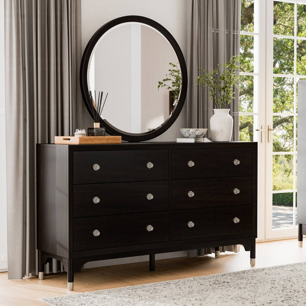English Elm 1pc Wide Black Walnut Veneer Dresser with Silver Legs Mid-century Modern Bedroom B2741P446691