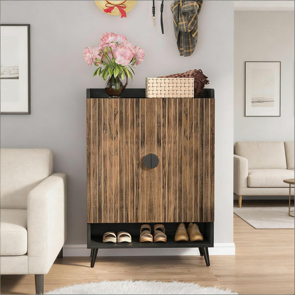 English Elm Rustic Seven Tier Shoe Cabinet with Swing Doors Adjustable Entryway Organizer Black,Rustic Brown T3971P448681