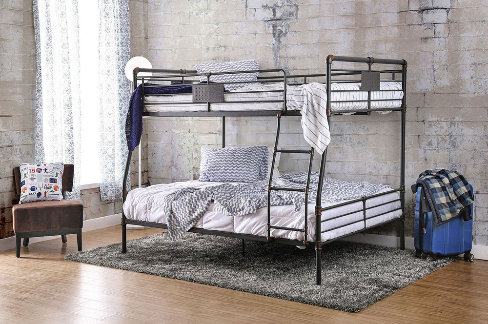 English Elm Industrial Metal Bunk Bed Full Over Queen with Attached Ladder, Pipe Frame, Upper Guard Rails, Vintage Charm Antique Black 70 L x 65 W x 5 H B2741S00374
