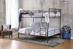 English Elm Industrial Metal Bunk Bed Full Over Queen with Attached Ladder, Pipe Frame, Upper Guard Rails, Vintage Charm Antique Black 70 L x 65 W x 5 H B2741S00374