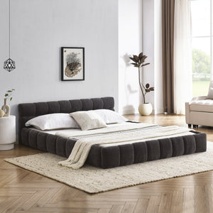 English Elm Queen Size Chenille Upholstered Platform Bed With Padded Headboard – No Box Spring Needed, Dark Grey W487S00221-GIGA