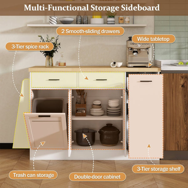 English Elm Trexm Farmhouse Kitchen Sideboard with Hidden Trash Cabinet and Built-in Spice Rack White XW000027AAK