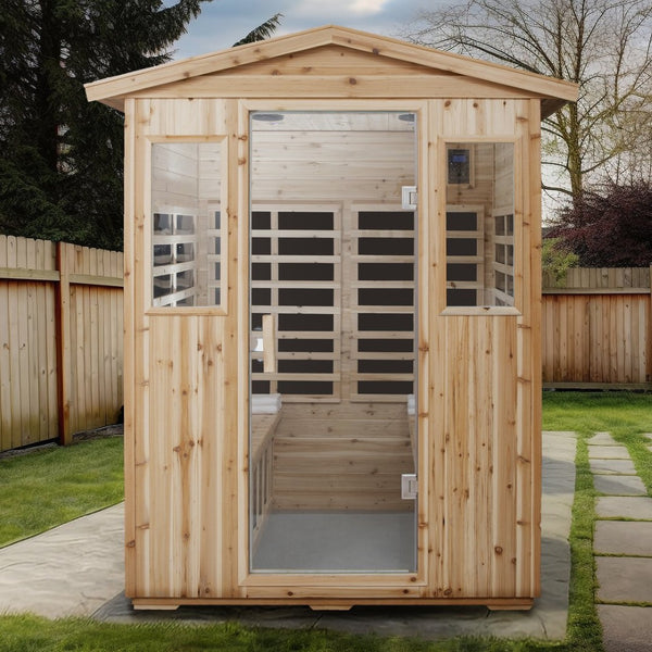 English Elm Four Person Old Fir Outdoor Infrared Sauna with Glass Door and Bluetooth Audio W632S00026