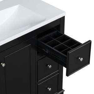 English Elm [Cabinet 36" Black Bathroom Vanity Cabinet Only Solid Wood & MDF Soft-Close Door 4 Drawers Spacious Storage Metal Handles Sleek Modern Design N729P179571B