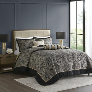English Elm 5 Piece Aubrey Reversible Jacquard Bedspread Set King with Paisley Motif, Gold Sheen, Quilted Elegance Black 22.83 L x 18.11 W x 8.27 H B03597642