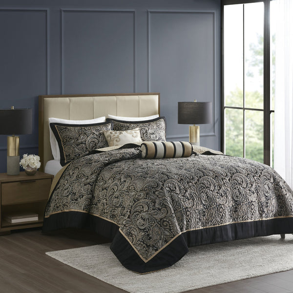 English Elm 5 Piece Aubrey Reversible Jacquard Bedspread Set King with Paisley Motif, Gold Sheen, Quilted Elegance Black 22.83 L x 18.11 W x 8.27 H B03597642