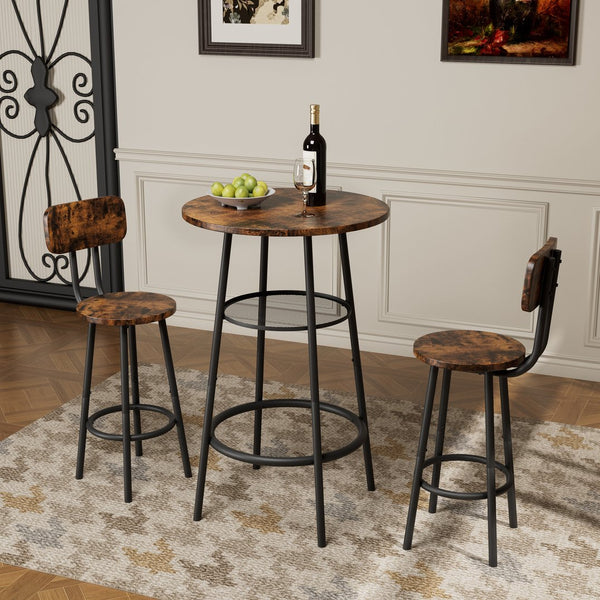 English Elm Bar 3-Piece Dining Set with Stools and Backrests, MDF & Metal Farmhouse Design, Space-Saving Pair Brown W57868878