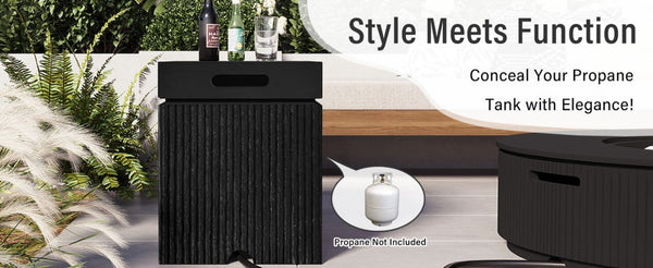 English Elm U_style Outdoor Mgo Propane Tank Cover Table Fluted Stone Finish Patio Side Accent Black N711P410564B