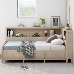 English Elm Twin Wood Daybed with 3 Drawers & Open Shelves, Antique White Milk Finish — Storage, Classic Charm, Twin Size Craftsmanship GX002213AAK