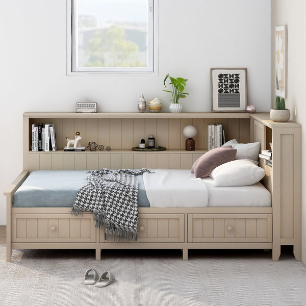 English Elm Twin Wood Daybed with 3 Drawers & Open Shelves, Antique White Milk Finish — Storage, Classic Charm, Twin Size Craftsmanship GX002213AAK