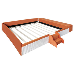 English Elm King Velvet Kids Platform Bed with Padded Guardrails Staircase and Storage Ottoman Brown+White SF000204AAD